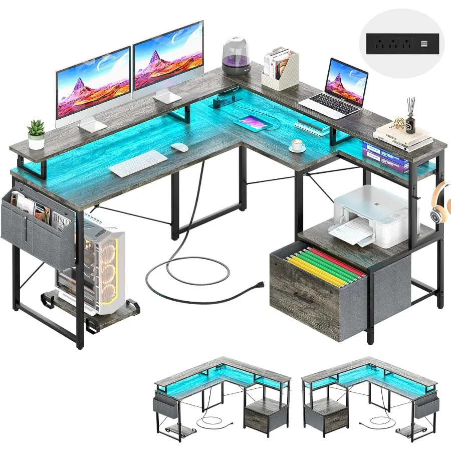 مكتب على شكل حرف L مع درج ملف قابل للعكس على شكل حرف L مع مخرج طاقة وأضواء LED للمكتب المنزلي ومكتب زاوية مع #1