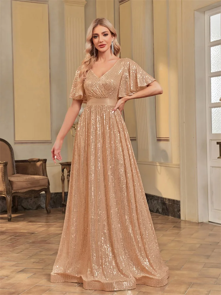 XUIBOL-Robe de soirée élégante à col en V pour femme, manches courtes, paillettes dorées, robe trapèze, robe de cocktail, robe de Rhmaxi, fête de mariage