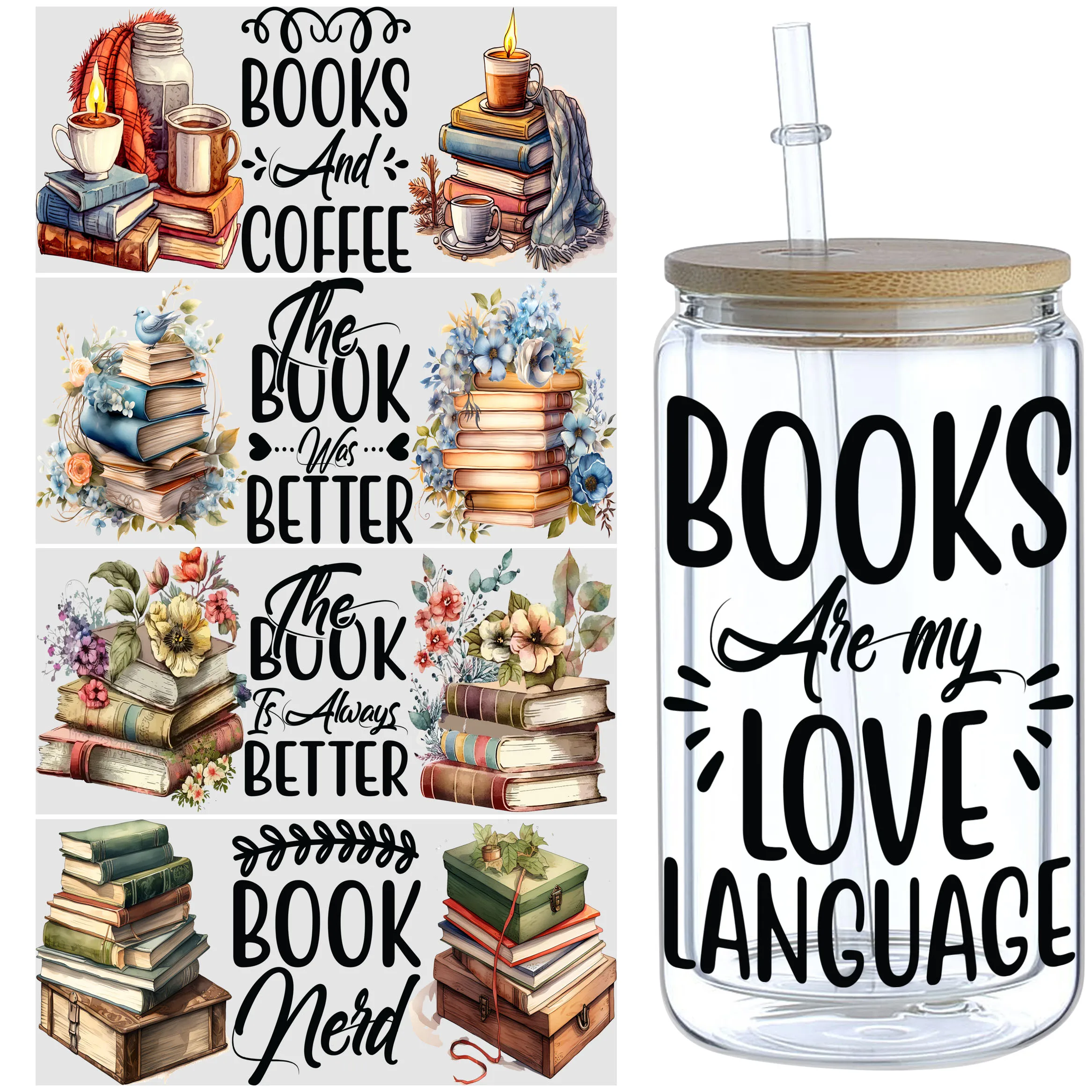 5 Sheets Book UV DTF Cup Stickers, Glass DTF Transfer Stickers,Book Lover Gift Wipe Transfer Paper,Suitable for 16 oz Glass,Cups