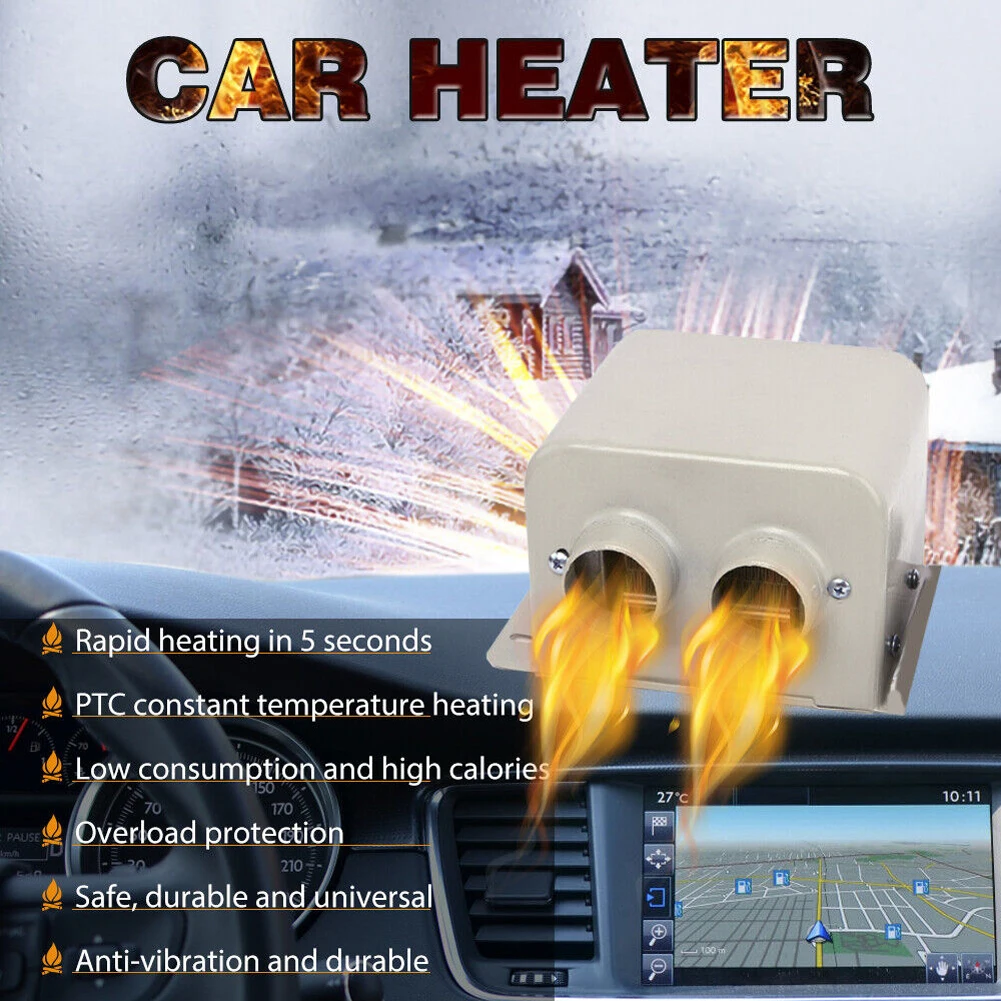 12V/24V 800W Car Electric Heater Fan Fast Heating Heater Fan Combo Defogging Defrosting Heating Fan 2 Holes Car Anti-Fog Heater