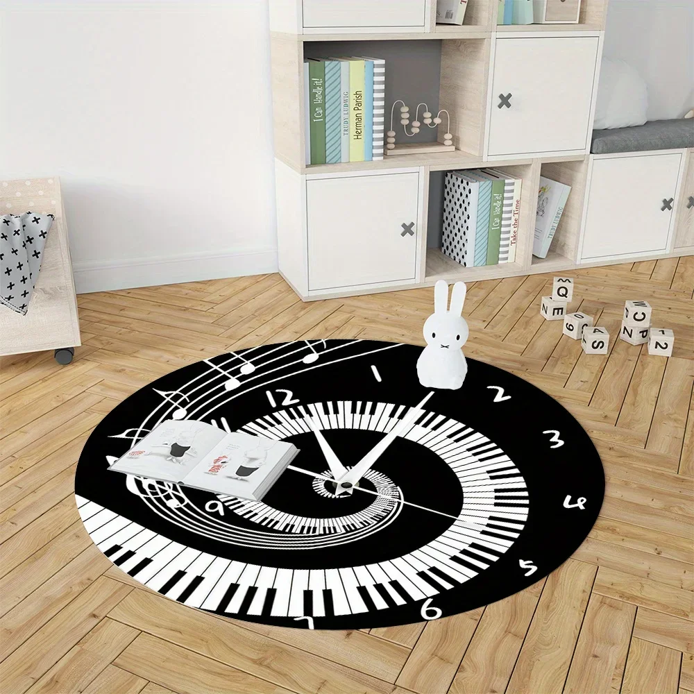 Musical Clock Design Round Rug Flannel Cozy Floor Mat Music Lover Gift Bedroom Decor Unique Pattern