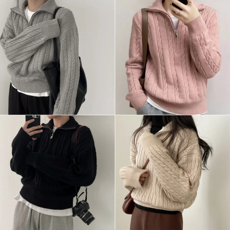 Autumn Oversize Knitted Sweater Women Vintage Pullover Baggy Long Sleeve Zipper Sweaters Lady Half High Collar Korean