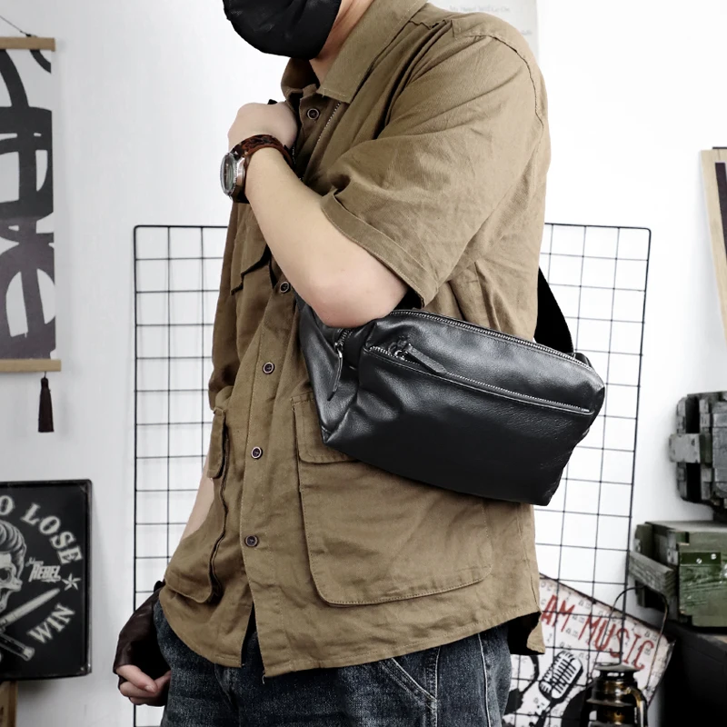 

Natural Leather Men's Chest Shoulder Bag Frist Layer Cowhide Crossbody Messenger Bags For Men Black Color Waist Chest Pack