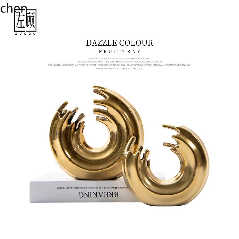 HT Modern Abstract Electroplated Gold Ceramic Vase Living Room High-end Art Ornament Model Room Soft Decoration