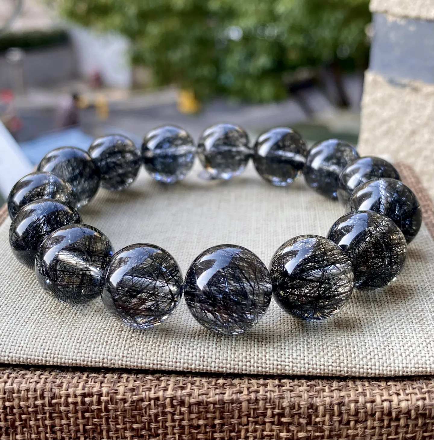 

Браслет из натурального черного рутилового кварца 14 мм для женщин и мужчин, подарок, прозрачные круглые бусины, эластичные нити, ювелирные изделия AAAAA