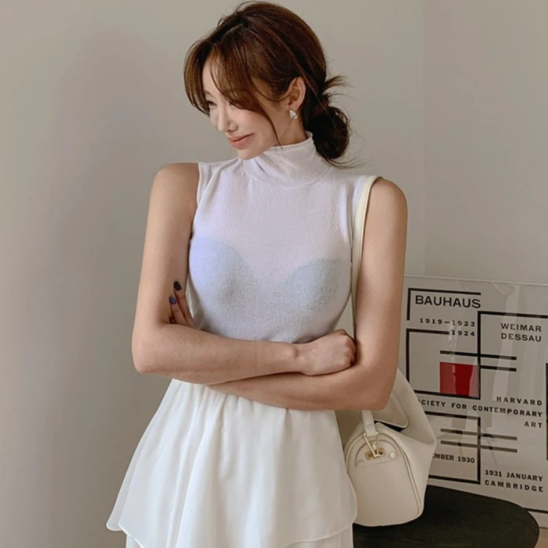 Mulheres slimteturtleneck transparente camisola 2026 verão cor sólida regata coreano sexy versátil casual colheita topo y2k roupas