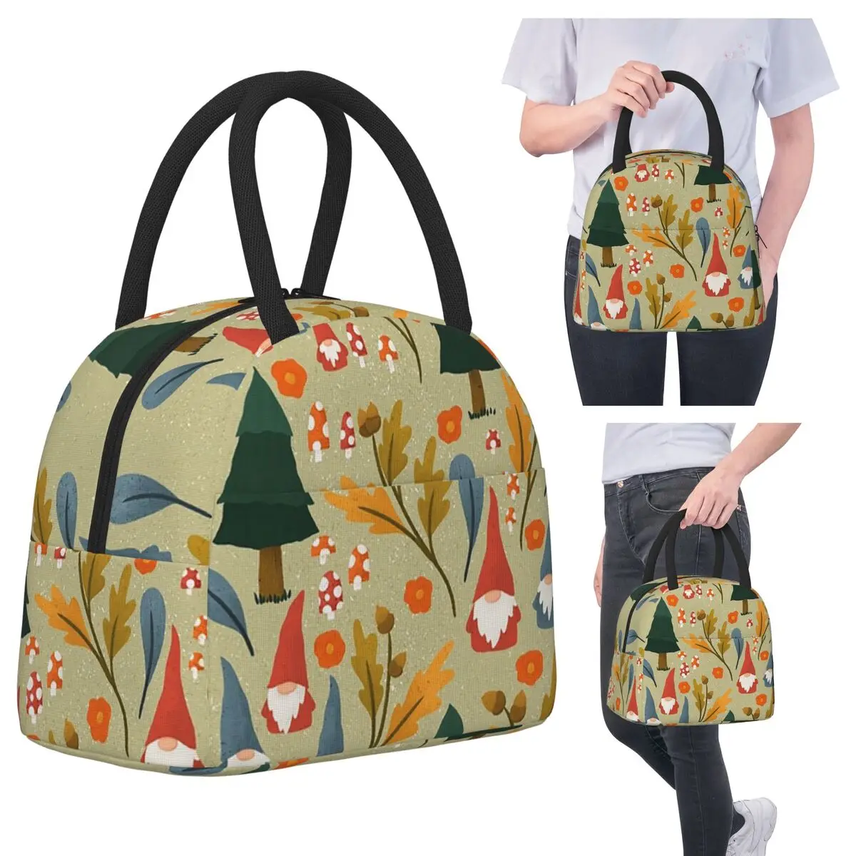 

Лесные гномы на зеленых сумках для обеда, изолированная коробка для бенто, водонепроницаемая сумка для обеда, сумки для пикника, термосумка для женщин и детей, офиса