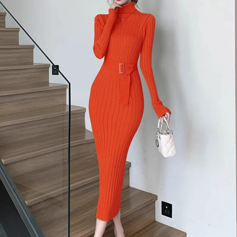 YuooMuoo Chic Fashion Sexy Package Hips Maxi Dress 2024 Jesienno-zimowa sukienka swetrowa z golfem i paskiem Lady Outfits Vestidos — zdjęcie 6