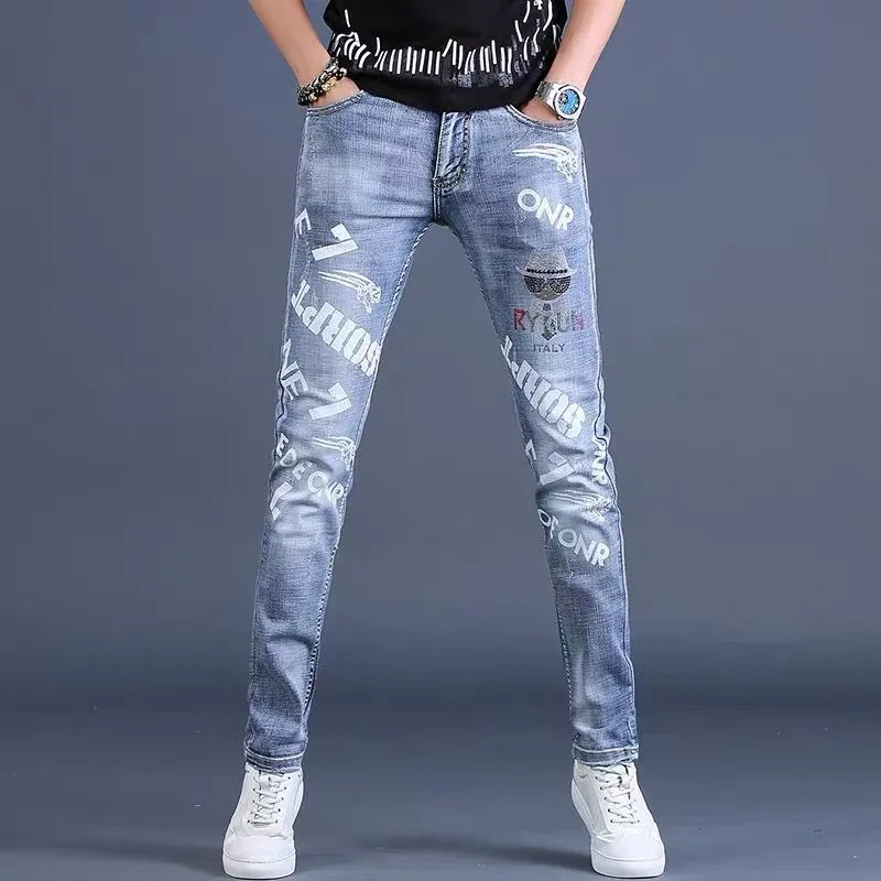 High Quality Men’s Classic Style Blue Denim Pants,Diamond Embroidery Decors Slim Jeans,Ripped Street Fashion Sexy Pants;