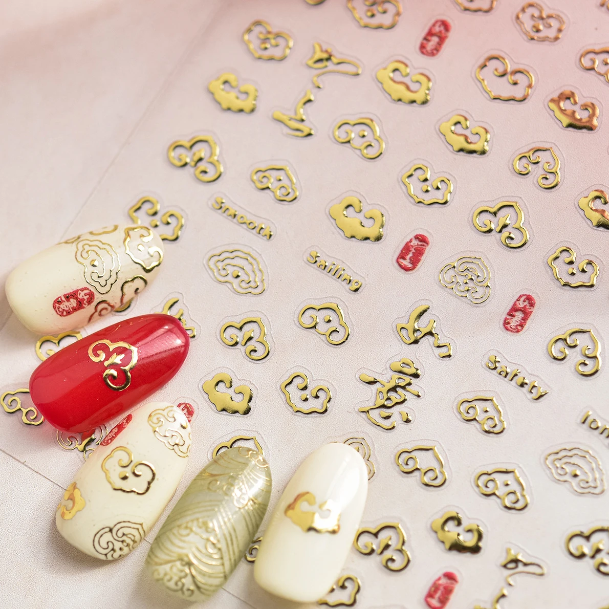 Vintage Lucky Figure Pattern Totem Happiness Cloud Auspicious Symbol Adhesive Nail Art Stickers Manicure Decals Nail Supplies