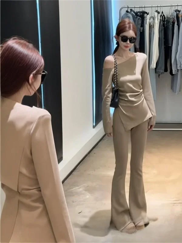 

Spicy Girl Fashion Casual Set Women's Spring New Style Oblique Collar Shoulder Exposure Irregular Long Sleeve T-Shirt Flared ...