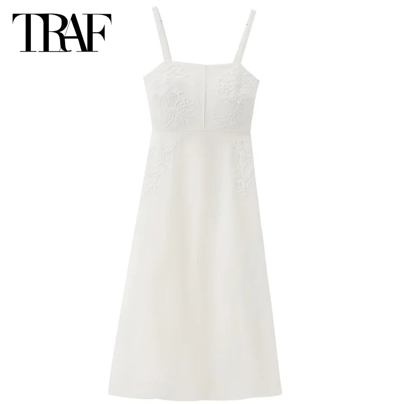 

TRAF Women's Slip White Sleeveless Dresses Summer 2024 Midi Embroidered Dress Slash Neck Backless Dress Elegant Luxury Dresses