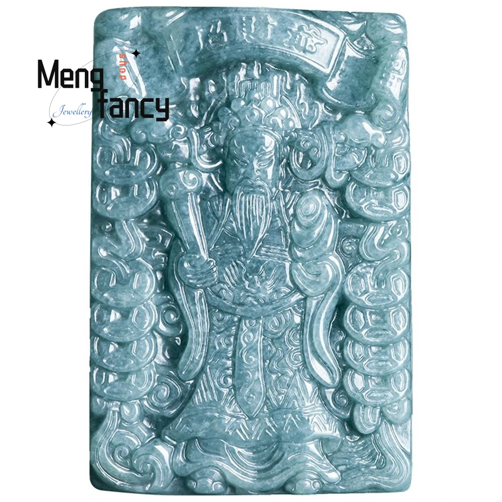 Natural A-goods Jadeite Blue Water God Of Fortune Pendant Through The Wealth Of Ice Jade Men And Women Pendant Jade Pendant