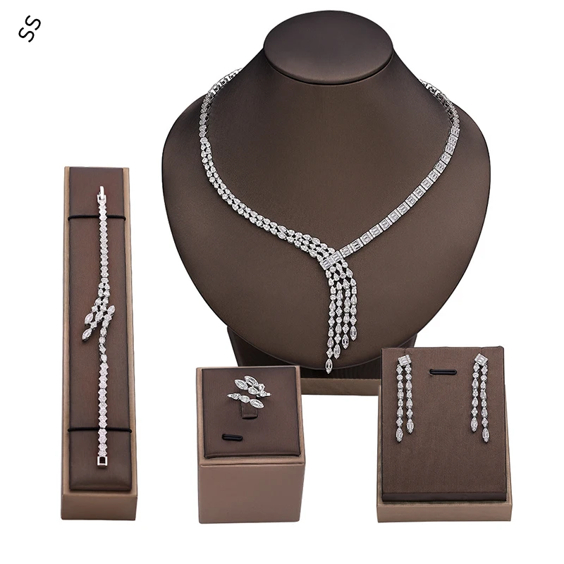 

2025 Best Seller 925 Sterling Silver White Cubic Zirconia Jewelry Set with Necklace Earrings Ring Bracelet Matching 4PCS Gifts