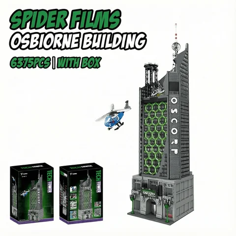 6375PCS Spider Oscorp Hero Tower With Light Building Blocks Movie City Classic Architecture Modular Assembly Model Kit DIY Toy G