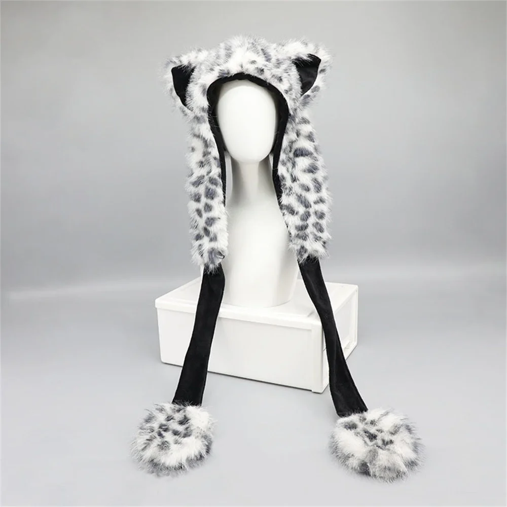 Autumn Winter Hats Handsome Snow Leopard Ears Warm Thick with Velvet Outdoor Ear Protection Hat Fluffy Cute Bear Ear Wool Hat