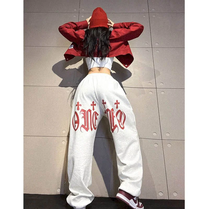 

Women Pants Hip-hop Sporty Casual Jazz Grey Printing Drawstring High Street Trousers Korean Fashion Streetwear Women Clothing