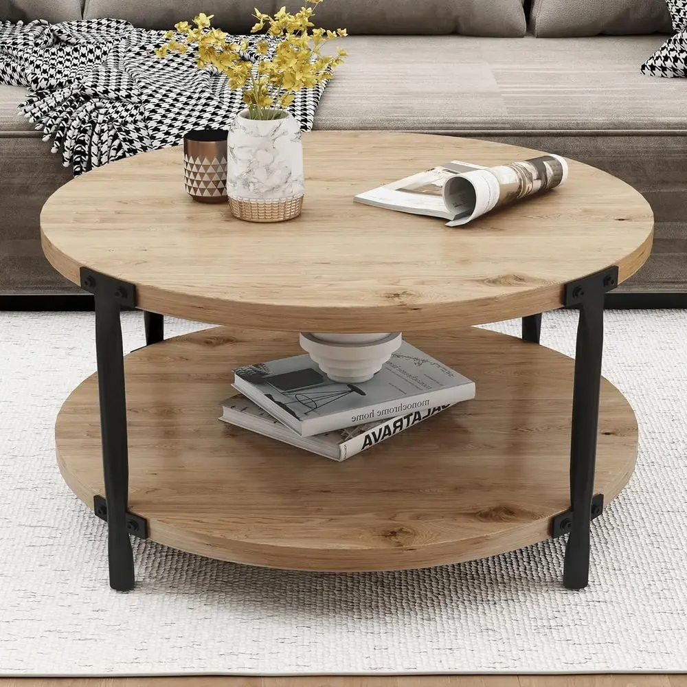 

Wooden Round Coee Table, 2-Tier Coee Table, 29.61” Center Table with Metal Legs & Open Storage, Center Accent Table or Living Ro