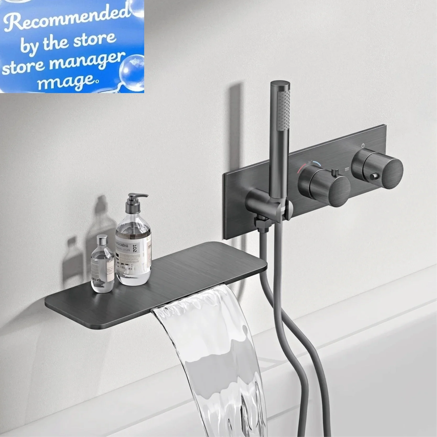 

Minimalist Bathroom Gun Grey Brass Wall-Mounted Thermostatic Bath Faucet，Embedded Waterfall Spout&Anti-Scald Bath Mixer Tap