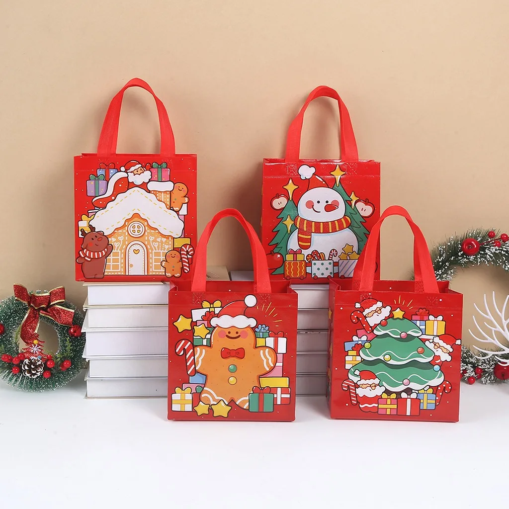 Christmas Gift Tote Bag Printed Non-Woven Shopping Bag Large Capacity Cartoon Snowman Xmas Tree Reusable Handbag Party Supplies