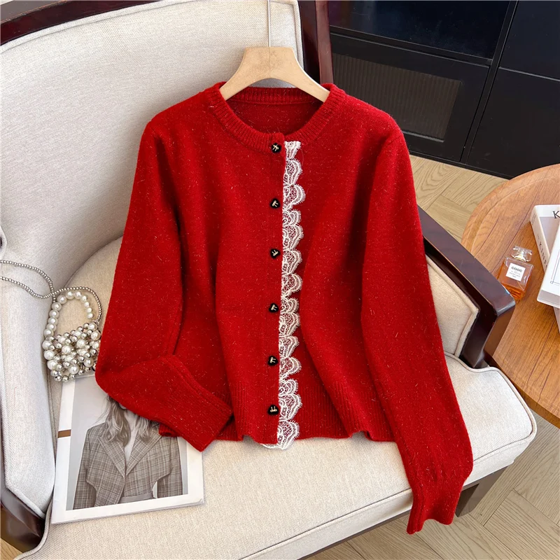 

Женский рождественский красный кружевной лоскутный кардиган Y2k, свитер с длинными рукавами, кашемировый свитер, винтажный мягкий уютный трикотаж, одежда 2000-х годов