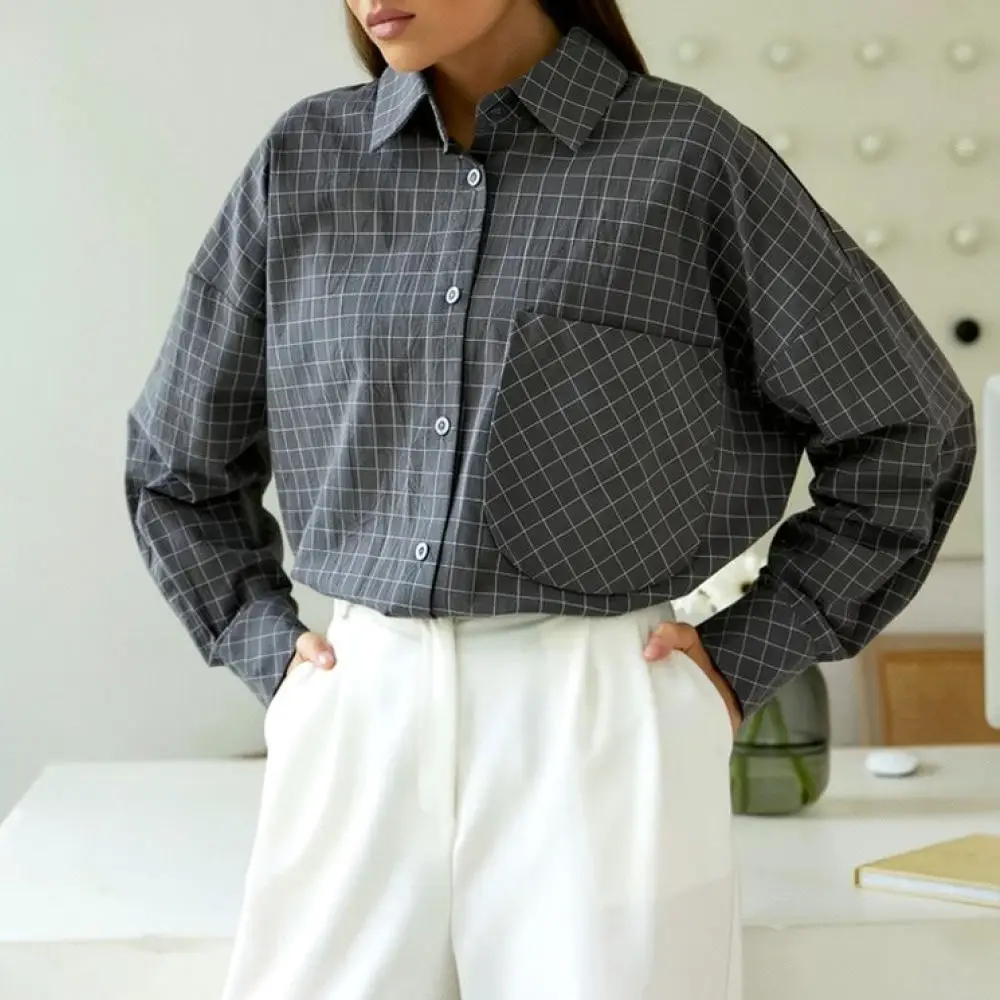 Womens Long Sleeve Checkered Shirt Loose Fit Casual Blouse Oversized Button Down Office Wear Stylish Fashion Autumn Top