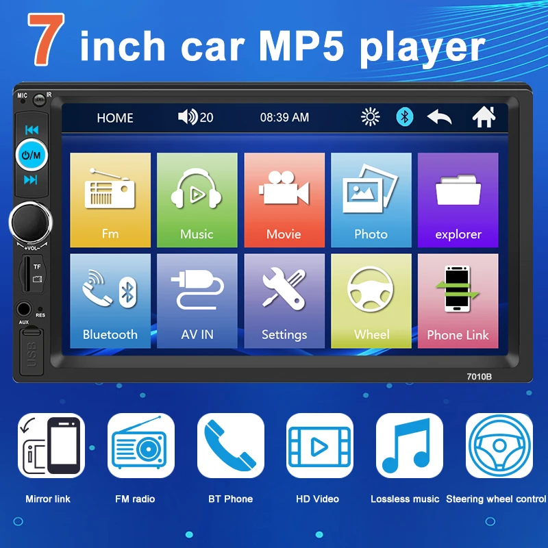 Reproductor Multimedia Universal para coche, autorradio 2 Din de 7 pulgadas con pantalla táctil HD, Audio automático, Carplay, estéreo, MP5,