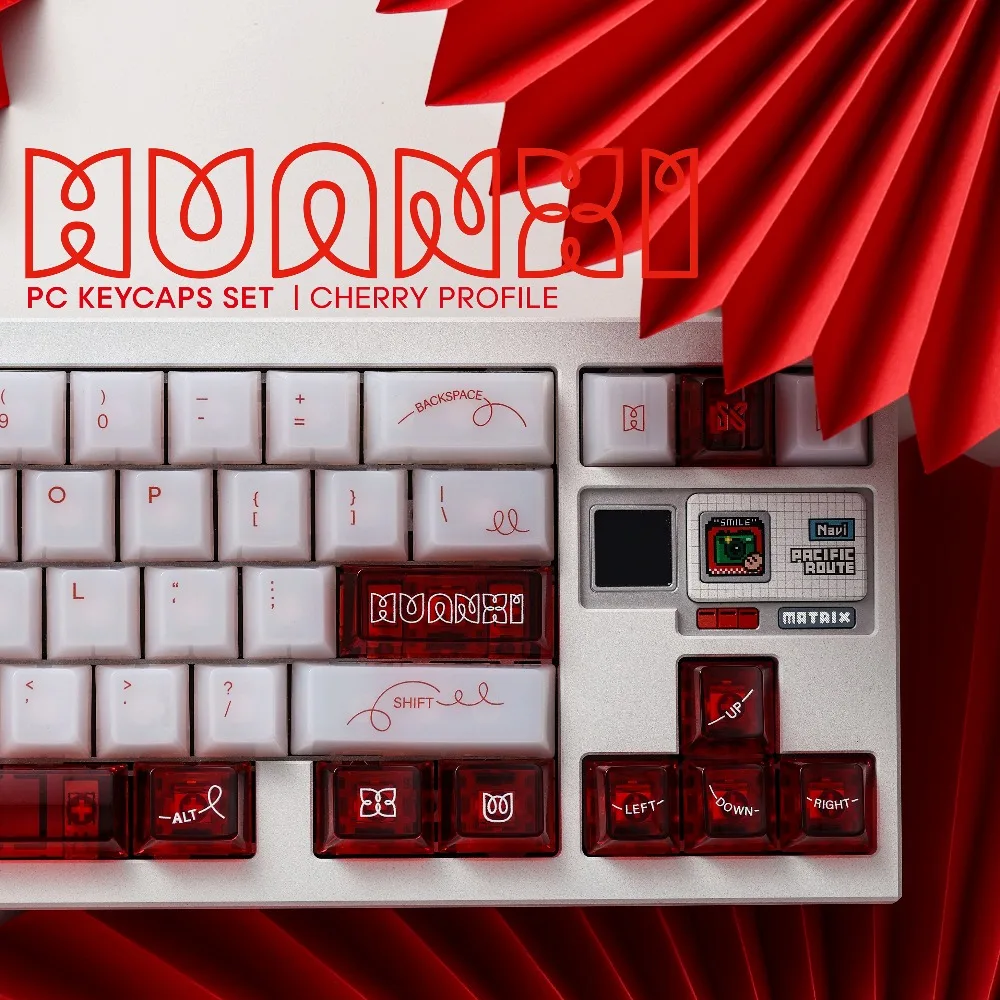 HUANXI Red White Theme Keycaps Set PC Cherry Profile Custom Original Handmade Transmission Keycaps for Mechanical Keyboard Gift