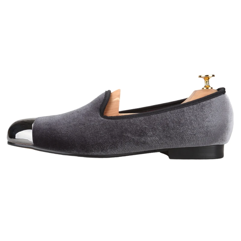 Piergitar Gray Velvet Slip-On Loafers With Gun Toe Metal For Fashion Party And Prom Formal Wear Handmade Men's Smoking Slippers
