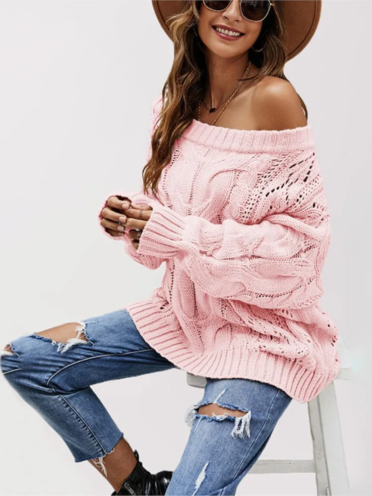 เสื้อไหมพรมถักทรงหลวมแบบเปิดไหล่ สไตล์ฤดูใบไม้ร่วงและฤดูหนาว ดีไซน์ใหม่สำหรับผู้หญิง คอเสื้อทรงเอ สีพื้น เรียบหรู