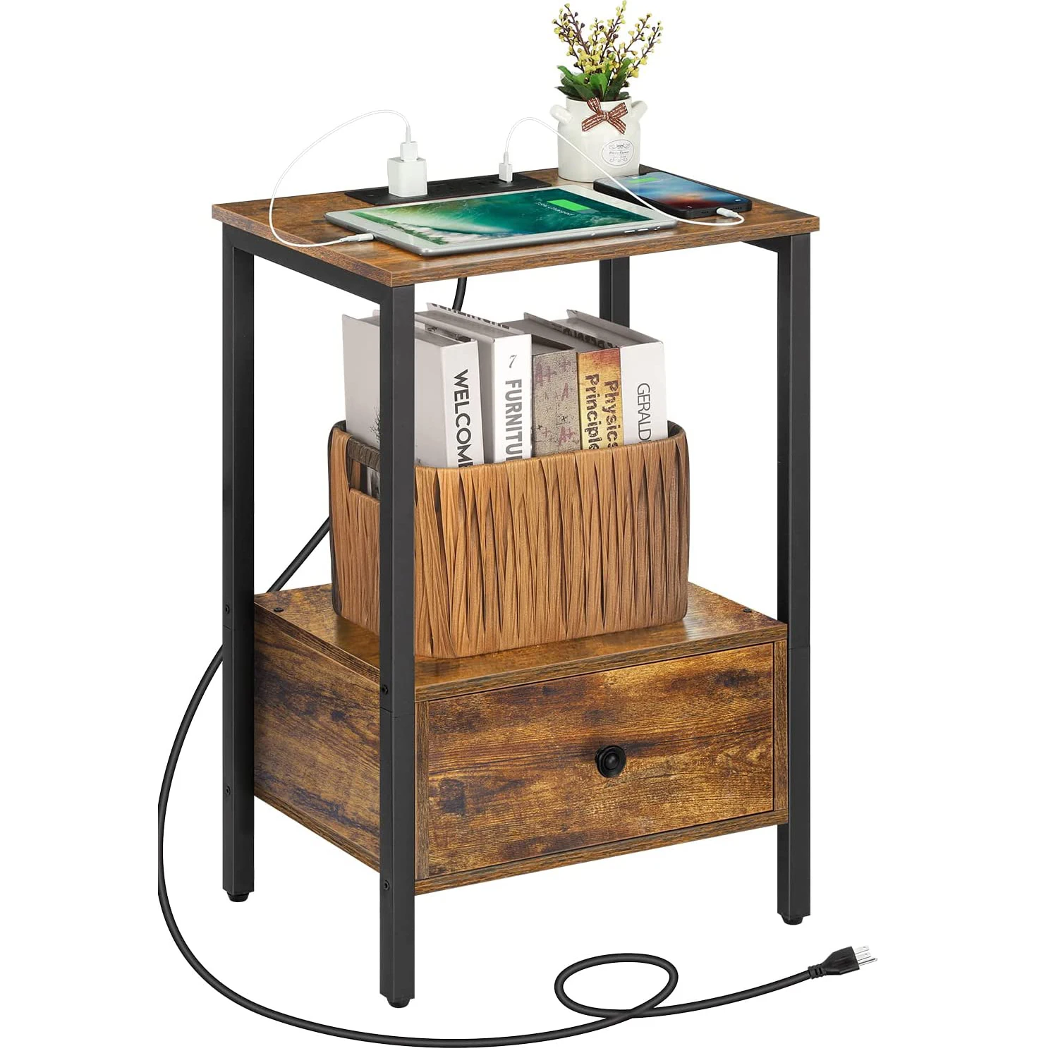 Side Table with Charging Station Narrow End Table w/Storage Drawer Power Outlets