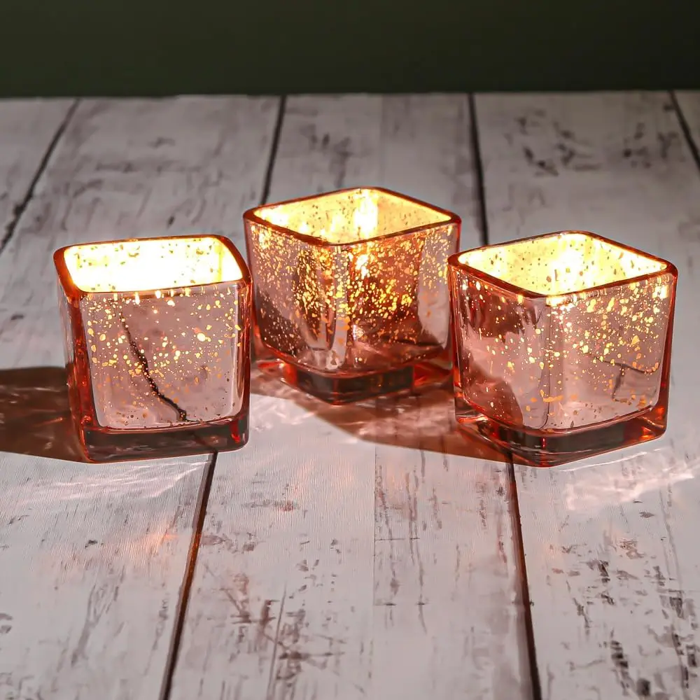 Rose Gold Mercury Square Votive Holders Set of 72 Extra Thick Premium Quality Glass Dappled Mercury Finish Modern Design