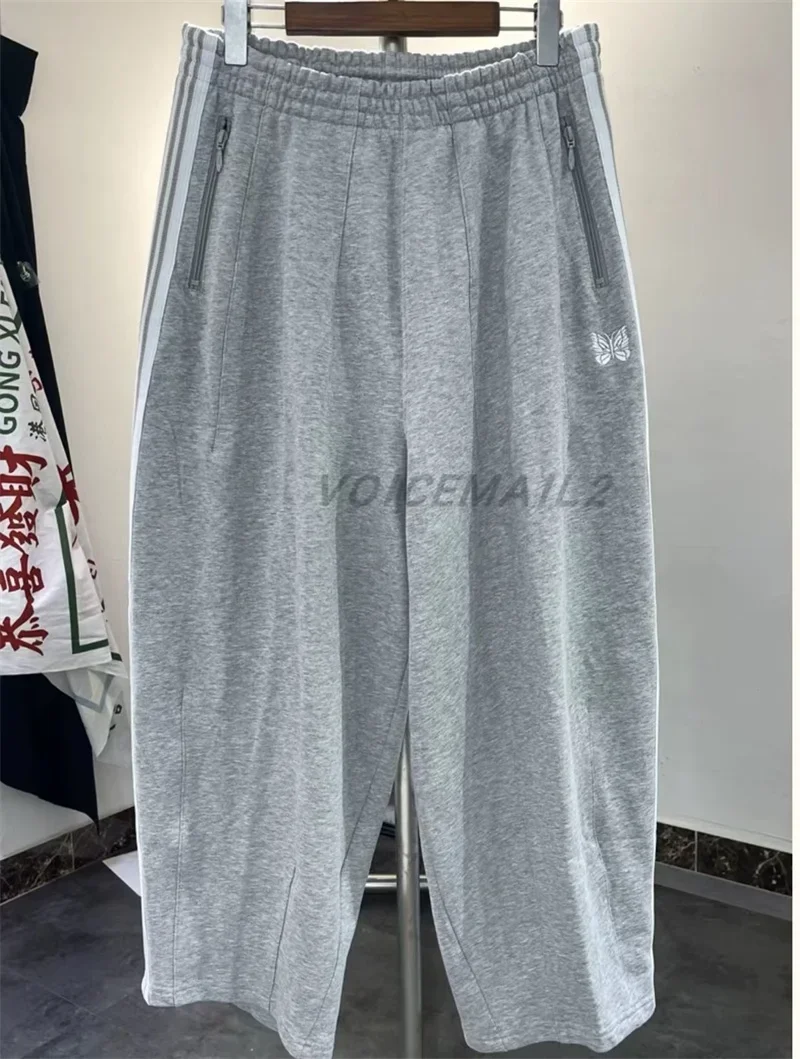 

25SS Butterfly Embroidery AWGE Wide Leg Pants Men Women Jogger Drawstring Pants Grey Pure Cotton Terry Striped Sweatpants