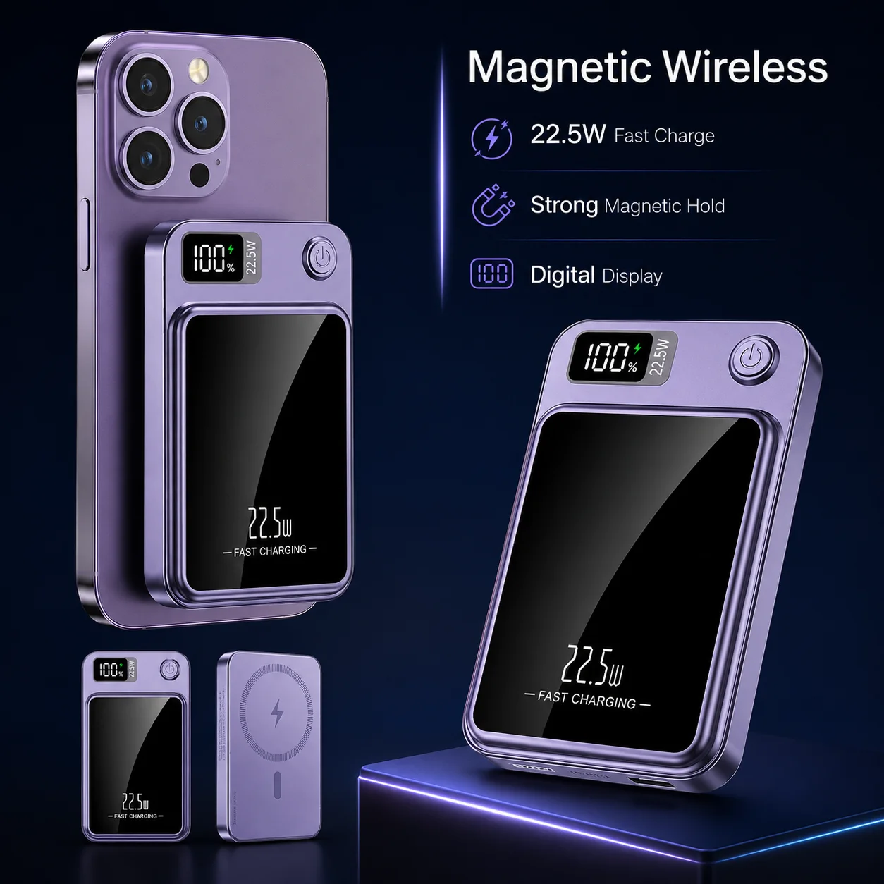 20000mAh Magnetic Wireless Power Bank 22.5W PD 20W Portable External Battery Charger for iPhone Samsung Huawei Travel Use