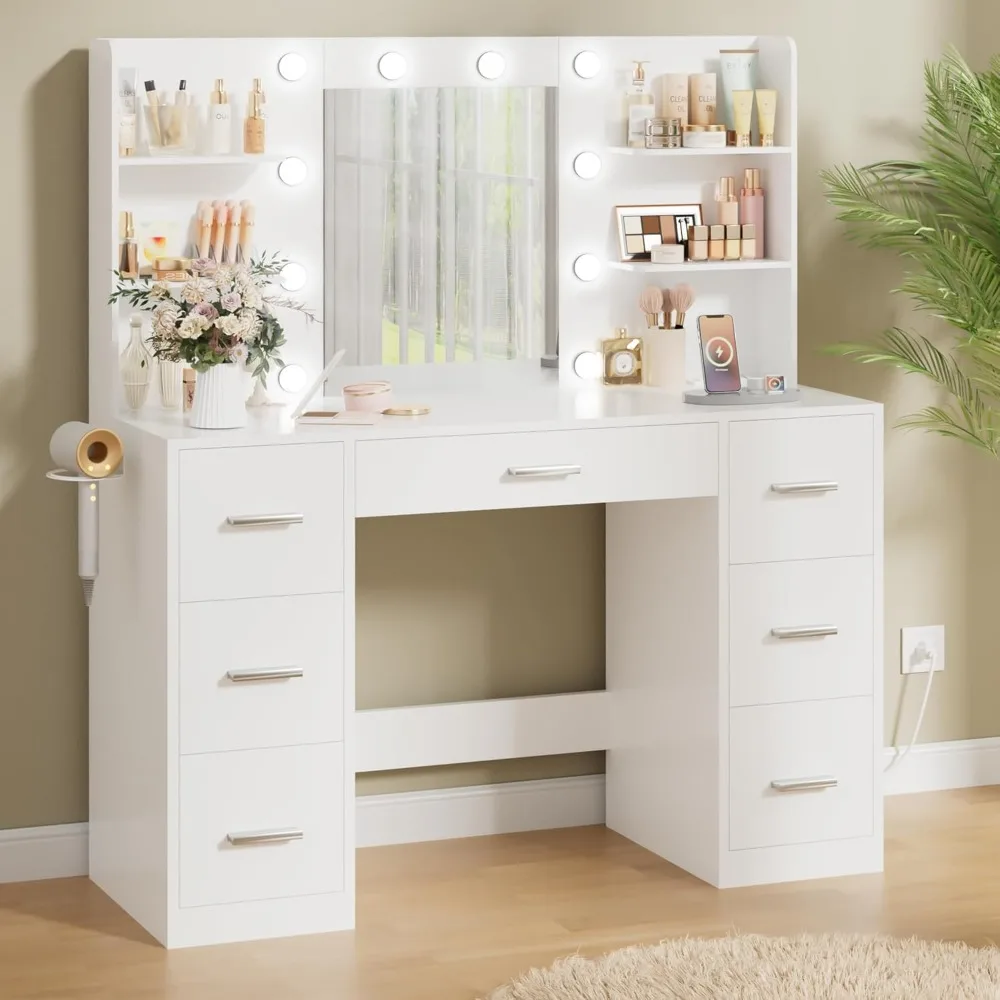 Makeup Vanity Desk with Mirror and 10 Lights, Table with 7 Drawers and 4 Open Shelves, 3 Color Modes and Adjustable Brightness