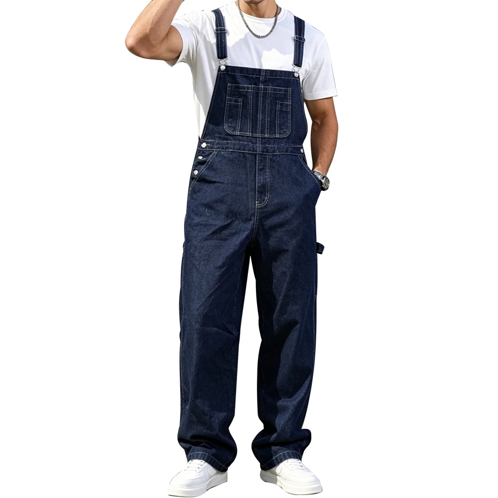 Men's Plus Size Large Denim Bib Overalls for Big and Tall Classic Jean Dungarees Loose Hip Hop Streetwear Coveralls Work Pants