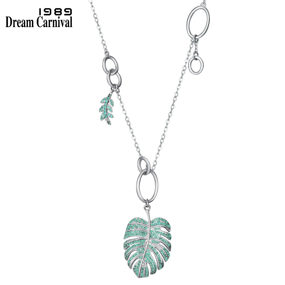 New Women Long Necklace Tropical Leaves Charm Pendant Emerald Green Zircon Rhodium Plated Party Jewelry DreamCarnival1989 WP6942