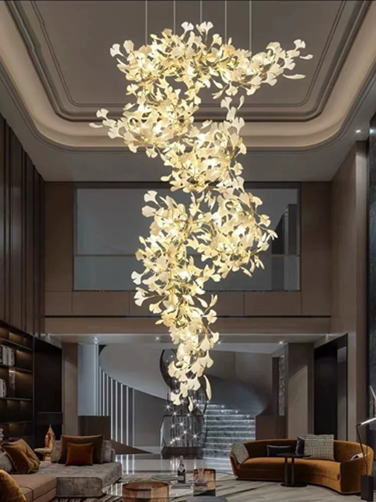 Modern gold/white leaf chandelier Staircase, villa ceiling pendant lamp, light luxury LED ceramic lustre