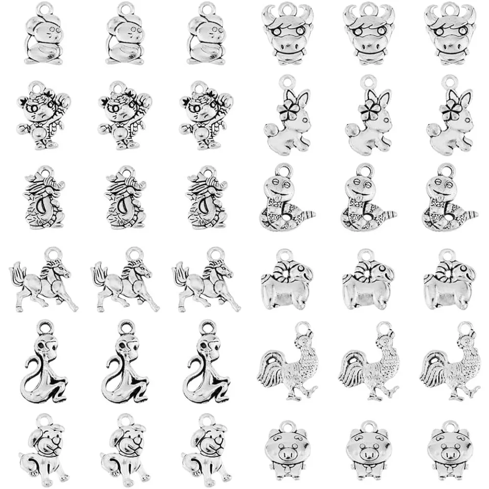 96Pcs 12 Styles Tibetan Style Alloy Pendants 12 Chinese Zodiac Signs Charms Animal Theme Metal Pendants for Necklace Earring