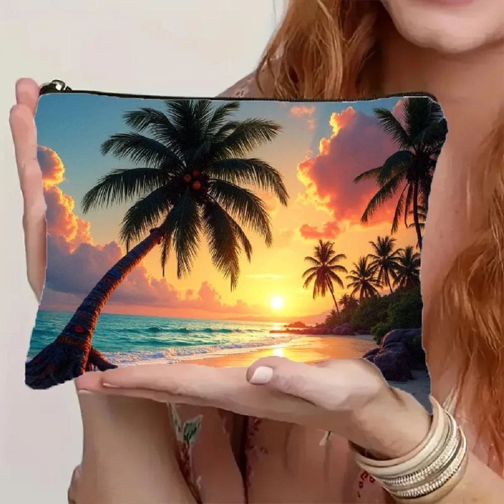 1 Piece Tropical Beach Sunset Print, Vibrant Palm Trees and Ocean Scenery Makeup Bag - Multifunctional Zipper Pouch for Women, Perfect Travel Zipper Storage Bag, Fun Birthday Gift
