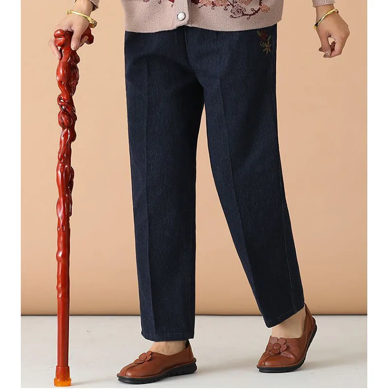 Elderly Grandma Denim Pants 4XL Large Size Elastic High Waist Jeans Middle Aged Elderly Mother's Solid Wide-leg Denim Trousers