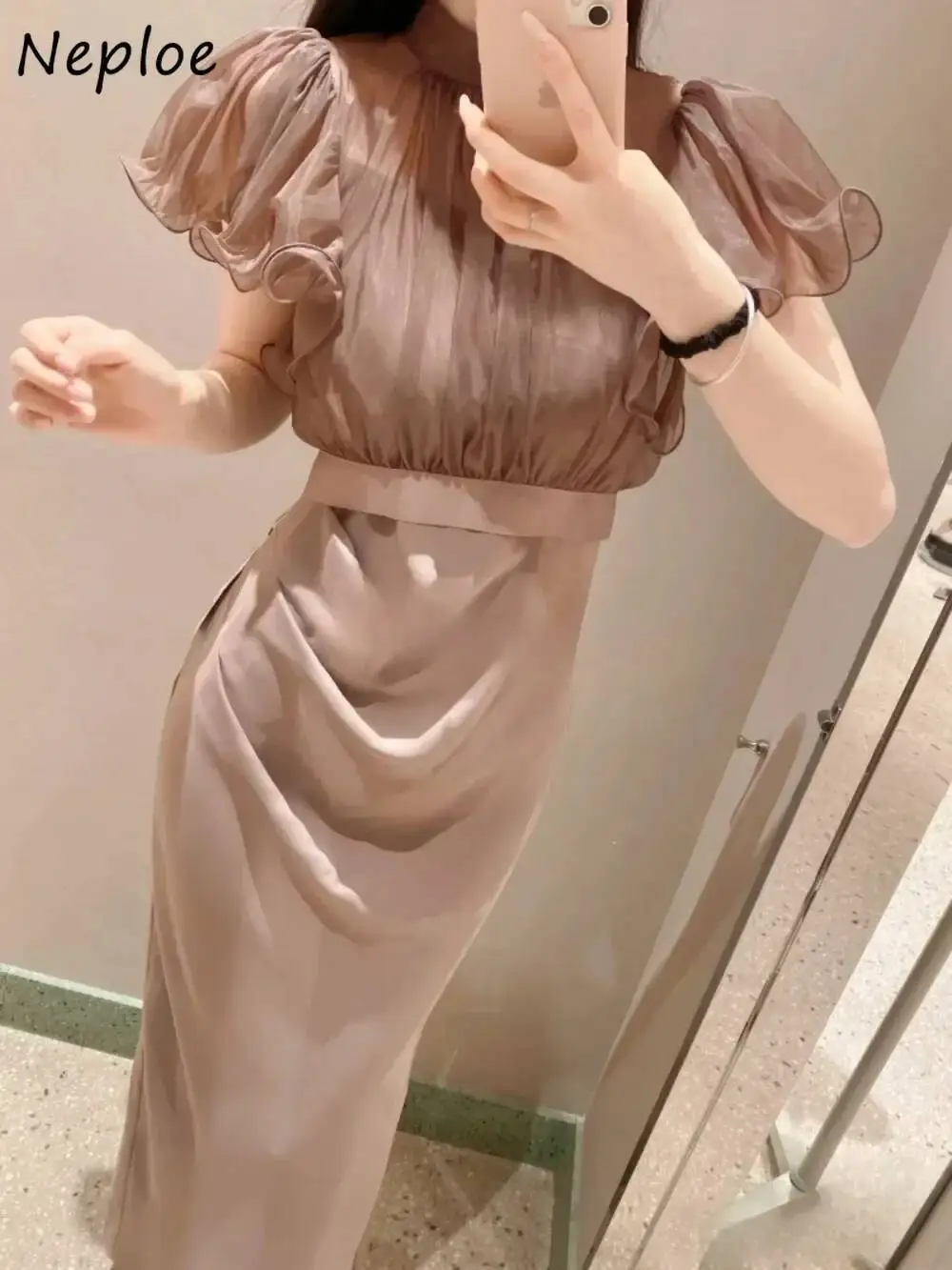 Elegante fino celebridade meia manga gola mujer chiffon fungo retalhos blusa japão estilingue sólido novo vestido
