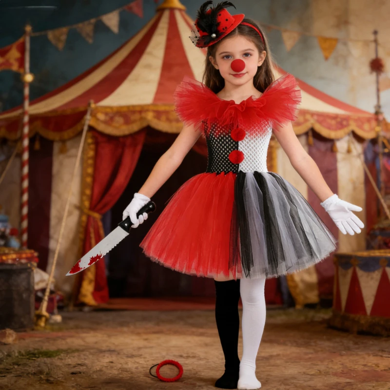 Horror Killer Clown Costumes for Girls Carnival Joker Outfits Children Scary Clothes Kids Creepy Circus Clowns Halloween Dresses