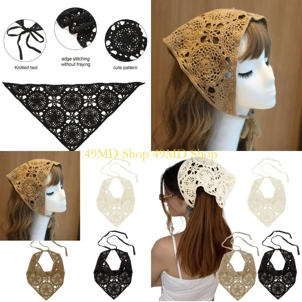 

49MD Floral Hair Bandana Knitted Head Kerchief Women Bandana Handmade Crochet Hair Scarf Triangled Headband with Ties