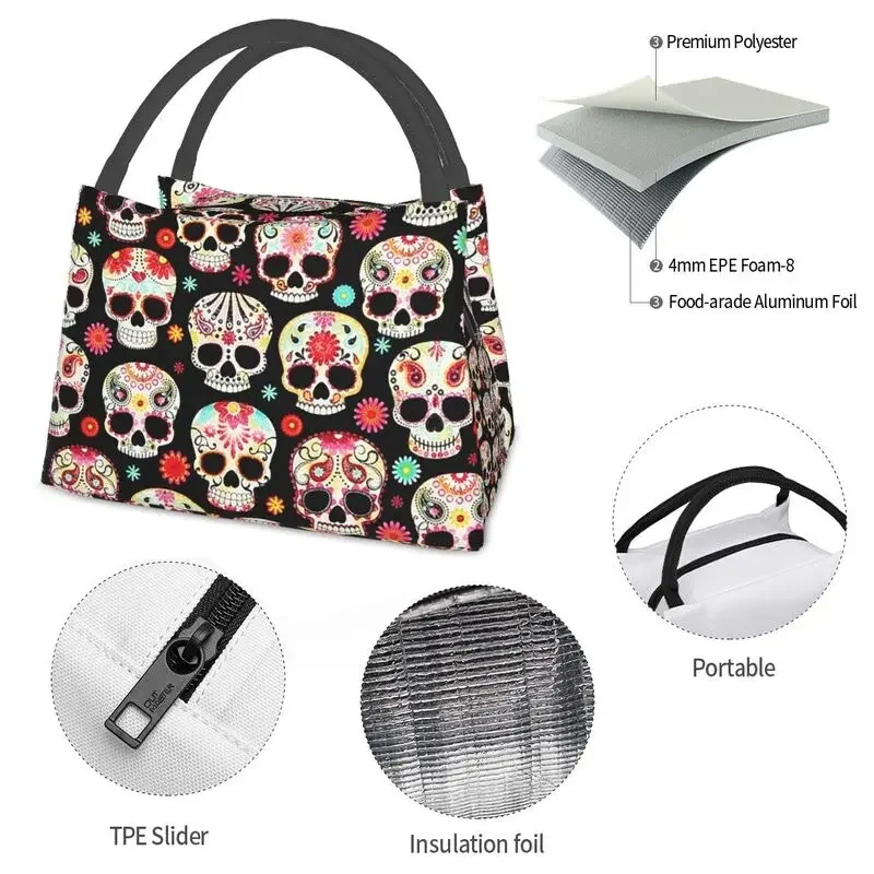 Sugar Skulls Calavera Lunch Boxes Women Day Of The Dead Cooler Thermal Food Insulated Lunch Bag Travel Work Pinic Container