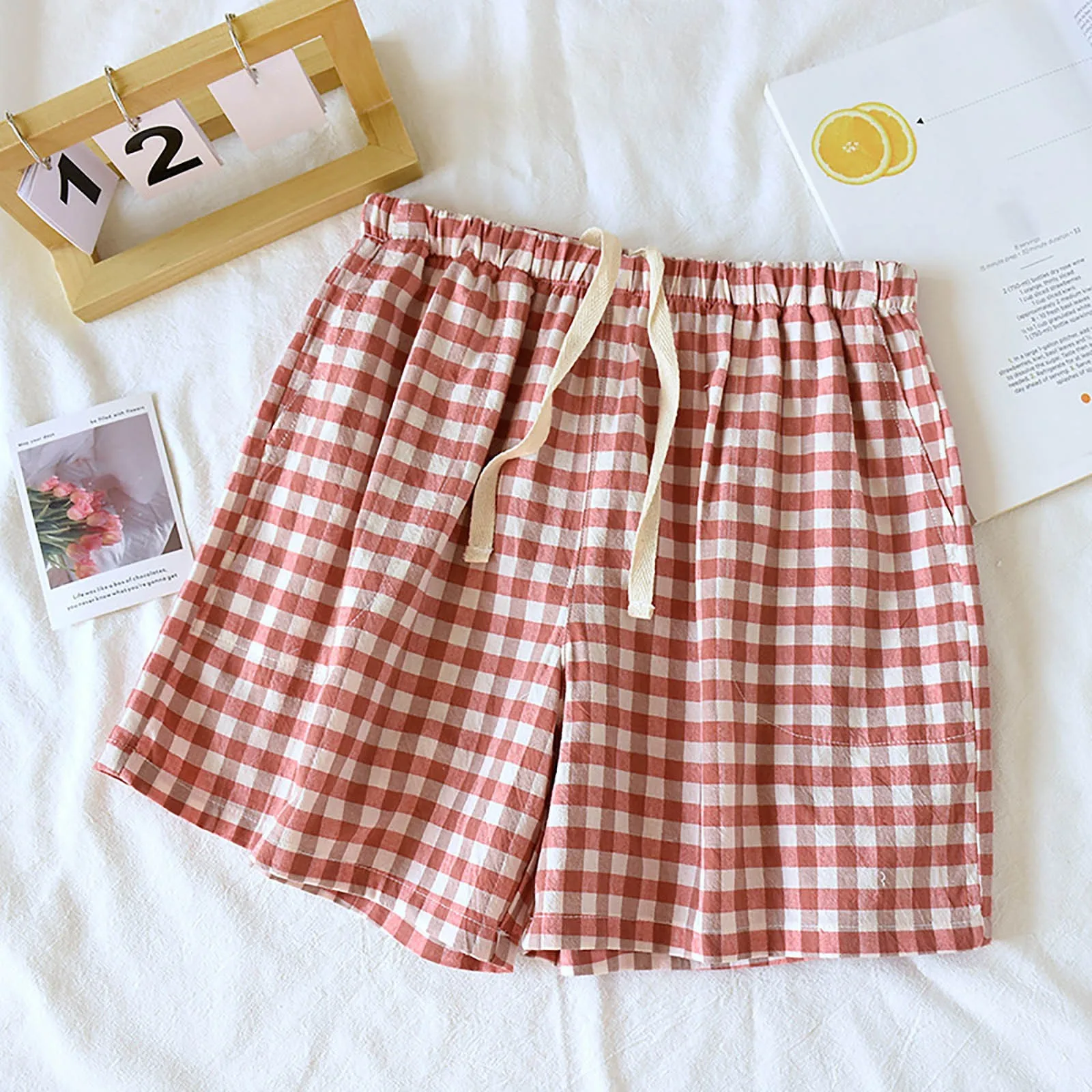 Women's Pink Plaid Pajamas Shorts Super Soft Comfortable Cotton Homewear Couple Pajamas Pants Casual Mid Waist Loungewear