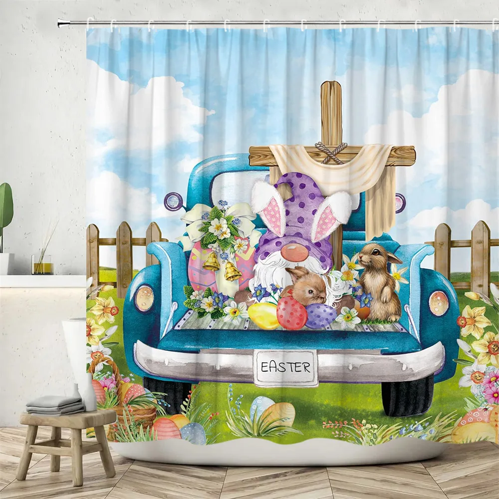 Spring Shower Curtain, Easter Elf Gnome Truck Flower Rabbit Egg Tree Green Leaf Farm Print Home Bathroom Decor with Hooks