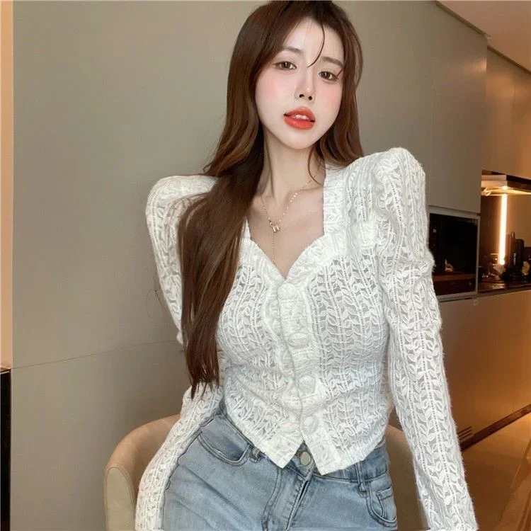 Кружевная рубашка с длинными рукавами для женщин. Дизайнерская одежда Blusas для женщин. Топы. Рубашки. Блузки.