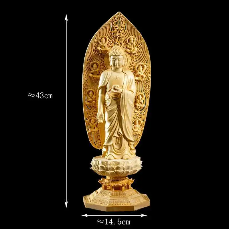 Solid Wood Carving Buddha Statue of Amitabha,Semi-Hand Carved, Feng Shui Decoration, Statue for Home, Living Room, 43cm