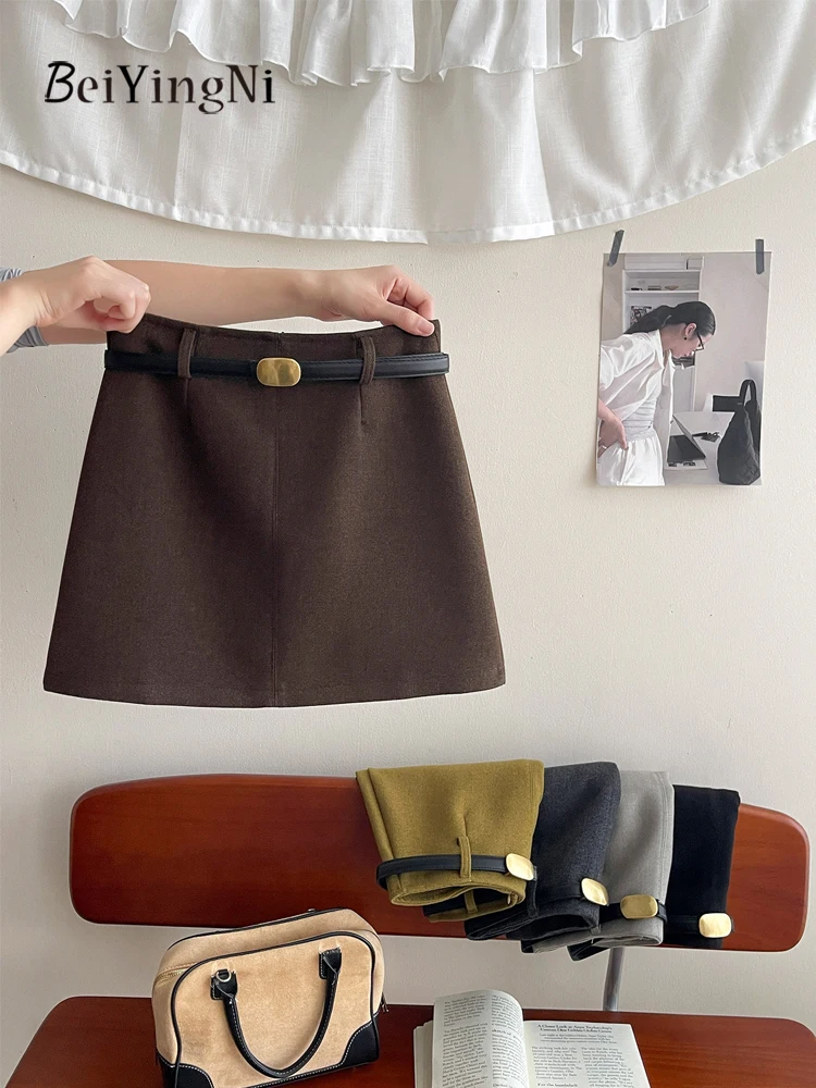 Beiyingni Korean Cashmere Women's Skirts With Belt Winter Casual Sexy Mini Skirt Ladies Solid Color Vintage Commute Suit Skirt